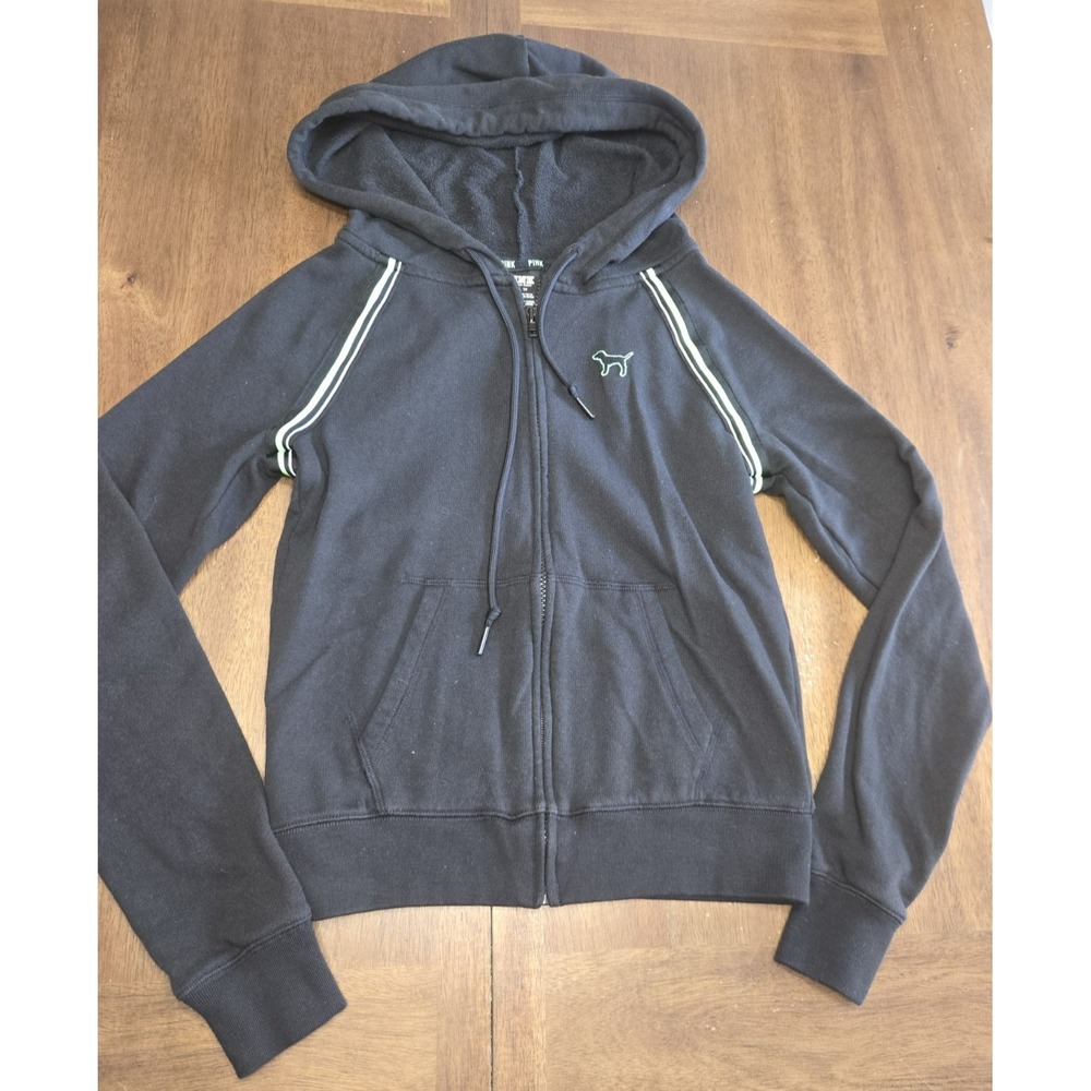 Pink Victorias Secret Full Zip Hoodie Jacket Black w/ White Green Strip Size XS